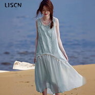 LISCN拼接刺繡背心貝殼元素連衣裙夏季2025新款度假風(fēng)寬松顯瘦無(wú)袖裙子 藍(lán)色 M 建議100-110斤