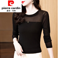 皮爾卡丹高端簡(jiǎn)約長(cháng)袖網(wǎng)紗2025百搭圓領(lǐng)洋氣修身顯瘦蕾絲上衣女士打底小衫 黑色 XL (110-125斤)