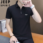 JEEP SPIRIT吉普短袖t恤男上衣潮流冰絲棉男裝聯(lián)名休閑打底衫半袖純色體恤 T118翻領(lǐng)拉鏈-黑色 3XL 【160-175斤】