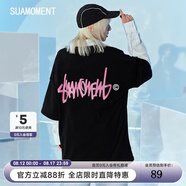 SuaMoment【嚴浩翔同款】SuaMoment抓痕基礎字母情侶T恤國潮流純棉短袖半袖 黑粉 M