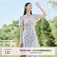 迪賽尼斯（DESIGNICE）顯瘦裙子夏季新款印花燈籠袖長(cháng)裙方領(lǐng)短袖連衣裙女 桃紅 S