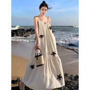 落跑姐妹小眾設計立體刺繡花朵度假風(fēng)吊帶連衣裙三亞旅游拍照寬松露背長(cháng)裙 圖片色 M