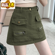 初徑2025新款水洗牛仔短裙半身裙女秋冬款高腰復(fù)古顯瘦字工裝一步 軍綠色 M