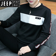 JEEP SPIRIT新款男士長(zhǎng)袖韓版潮流圓領(lǐng)印花t恤上衣服秋季打底衫男裝體恤衛(wèi)衣 663織帶拼塊黑色 M