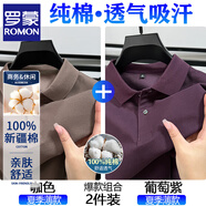 羅蒙（ROMON）100%純棉短袖t恤男夏季商務(wù)POLO翻領(lǐng)衫純色透氣半袖體恤休閑百搭 咖色+葡萄紫【兩件裝】 4XL 58