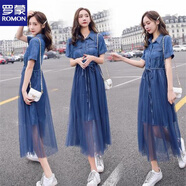 羅蒙（ROMON）牛仔裙連衣裙2025新款女夏收腰顯瘦氣質(zhì)法式網(wǎng)紗裙子森系仙女超仙 牛仔藍 2XL