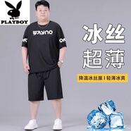 花花公子（PLAYBOY）大碼冰絲運(yùn)動(dòng)套裝男士夏季加大加肥人寬松速干短袖短褲胖子兩件套 C068黑色 高質(zhì)量冰絲套裝 2XL 建議140-160斤
