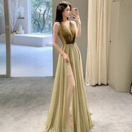 宴會(huì)晚禮服裙女2025新款連衣裙高貴氣質(zhì)沙灘禮服小禮服平時(shí)可穿 香檳偏綠 XS  尺碼標(biāo)準(zhǔn)