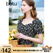 百圖betu女裝夏季新款連衣裙優(yōu)雅花卉方領荷葉邊連衣裙女2303T87 黑色 M