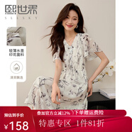 熙世界國風(fēng)水墨印花V領(lǐng)連衣裙女夏季2025新款荷葉袖媽媽雪紡裙子 水墨黑 2XL