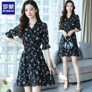 羅蒙（ROMON）高檔碎花連衣裙女2025夏季新款大碼收腰顯瘦中長(zhǎng)款V領(lǐng)遮肚雪紡裙 小碎花 藏青色  XL 建議115-125斤
