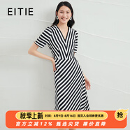 愛特愛（EITIE）設(shè)計(jì)感條紋撞色v領(lǐng)收腰通勤顯瘦連衣裙夏季新款法式A字裙6507235 黑色20 M 160