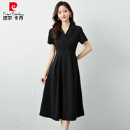 皮爾卡丹（pierre cardin）經(jīng)典黑色西裝領(lǐng)連衣裙2025秋季新款高端氣質(zhì)長袖收腰中長款小黑裙 黑色短袖 S 建議85-95斤
