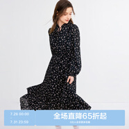 樂町V領(lǐng)碎花長裙20千金風(fēng)遮肉顯瘦長袖裙黑色雪紡裙 彩色印花（現(xiàn)貨） S