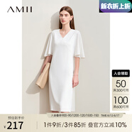 AMII2025夏V領(lǐng)荷葉袖喇叭袖連衣裙女修身顯瘦垂感雪紡裙子 米白 170/92A/XL