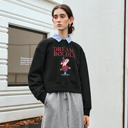 Olrain歐芮兒美式復古衛衣女裝春秋新款印花小個(gè)子套頭上衣 黑色 S 