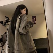 衣然呈品歐美潮牌水洗做舊破洞牛仔外套女秋季設(shè)計(jì)感小眾翻領(lǐng)情侶夾克女裝 黑灰色 3XL 【建議165-180斤】