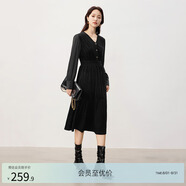 亦谷復(fù)古法式V領(lǐng)厚款連衣裙女秋冬季新款燈芯絨收腰長袖連身裙子 經(jīng)典黑 M