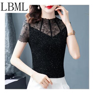 LBML品牌歐洲站春夏秋裝新款冰涼蕾絲小衫女士時(shí)尚修身顯瘦上衣短袖T 黑色 M 建議80-90斤