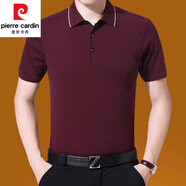 皮爾卡丹（pierre cardin）桑蠶絲短袖t恤男士爸爸裝翻領(lǐng)條紋冰I絲體恤上衣夏季薄款寬松大碼 酒紅 色 3037 S 165/84A