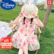 迪士尼（Disney）女童夏季連衣裙2025洋氣時髦兒童女寶寶夏裝甜美花仙子公主裙 X2429玫瑰花連衣裙+模特同款帽2 150 cm
