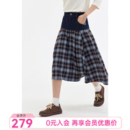 飛鳥和新酒拼接牛仔半身裙2024冬季新款格子腰裙氣質(zhì)A字裙傘裙 格子棕褐HMJ04 L