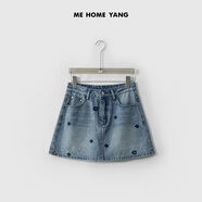 ME HOME YANG【花格牛仔褲裙】手工刺繡奢牌感高腰顯瘦百搭牛仔裙褲新年穿搭 沙灘藍 S (36) 85-100
