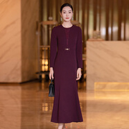 首尚格釋酒紅色喜婆婆婚宴裝連衣裙女秋季新款時(shí)尚氣質(zhì)蕾絲拼接修身魚尾裙 酒紅色 3XL