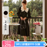 Olrain歐芮兒V領(lǐng)雪紡連衣裙女秋秋收腰顯瘦氣質(zhì)復(fù)古蕾絲拼接長(zhǎng)裙子 黑色 S 155/80A