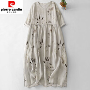 皮爾卡丹（pierre cardin）天絲苧麻印花連衣裙女夏季薄款寬松顯瘦氣質(zhì)V領(lǐng)中長(zhǎng)款亞麻大擺裙 葉子 (少量現(xiàn)貨) L 【建議105-120斤】