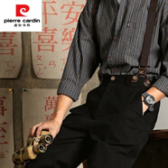 皮爾卡丹（pierre cardin）美式復古直筒背帶褲男阿美咔嘰工裝連體褲英倫古著(zhù)吊帶褲 黑色褲子+條紋襯衣 31 (2.4尺) (130-140)斤