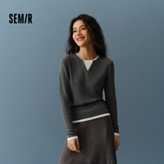 森馬（Semir）毛衣女短款假兩件含羊毛針織衫2024冬季新款修身保暖軟糯v領(lǐng)內搭 白灰色調00412 S /155/80A