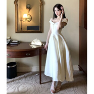 云薔魚(yú)骨裙 白月光千金風(fēng)一字肩魚(yú)骨收腰吊帶連衣裙女伴娘小禮服公主 白色長(cháng)裙 S