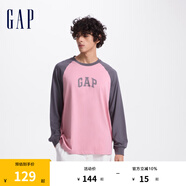 Gap男裝純棉撞色插肩袖字母印花百搭長袖T恤609276 粉色 185/108A(XXXL) 亞洲尺碼