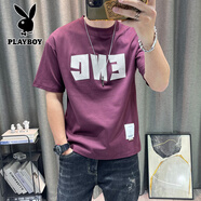 花花公子（PLAYBOY）男士短袖T恤2025夏季新款字母印花體恤高端彈力休閑半袖上衣 紫色 M 90-115斤