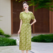 王小鴨王小鴨新中式連衣裙女2025夏新款系帶收腰顯瘦垂感復(fù)古氣質(zhì)長裙 綠色 M