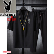 花花公子（PLAYBOY）亞麻套裝男士夏季薄款冰絲短袖t恤男款新中式國風(fēng)棉麻兩件套 TZ01 TZ025黑色 XL 適合120至135斤