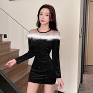 言朔性感毛毛拼接緊身絨長袖打底包臀連衣裙 黑色 S