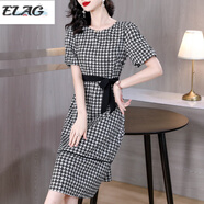 ELAG高端品牌千鳥(niǎo)格印花連衣裙女2025夏季時(shí)尚氣質(zhì)圓領(lǐng)薄款五分袖格紋 圖片色 2XL