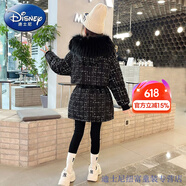 迪士尼（Disney）女童冬裝2024新款棉衣加絨中長款棉服大毛領(lǐng)秋冬外套 格子黑色 毛絨加棉內(nèi)襯 160