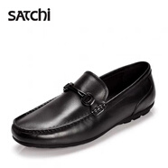 沙馳SATCHI男鞋春秋款商務(wù)休閑鞋男士牛皮駕車豆豆鞋軟底一腳蹬懶人鞋男 黑色 歐碼偏大買小一碼 40