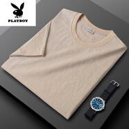 花花公子（PLAYBOY）透氣天絲短袖t恤男夏季新款半截袖棉t男士麻料體恤衫冰絲亞麻新品 杏色 M 適合115斤以內(nèi)