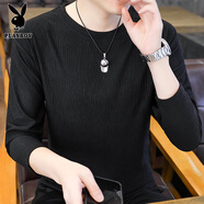 花花公子（PLAYBOY）2025春秋新款時尚慵懶風(fēng)薄款t恤男樹皮紋寬松潮流垂感打底衫上衣 黑色款 常規(guī) M