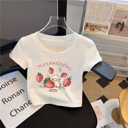 G.duck純棉女童kitty貓白色短袖T恤女短款夏季漏肚臍高腰內搭童裝上衣潮 短款白t-草莓兔 圓領(lǐng)百搭 120 建議105-115cm