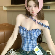 刃蕉夏木耳邊美式復(fù)古辣妹抹胸格子背心女辣妹收腰顯瘦短款無(wú)袖上衣 藍(lán)色 均碼 (80-120斤)