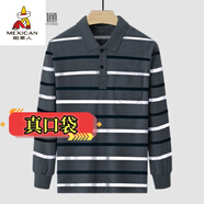 稻草人秋款男裝長(cháng)袖T恤翻領(lǐng)純色上衣純棉男士polo男衫休閑寬松衣服真口 深灰條 XL 建議125-145斤穿
