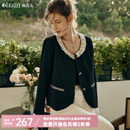 Olrain歐芮兒黑色短外套初秋新款法式名媛娃娃領(lǐng)花邊領(lǐng)外套 黑色 S