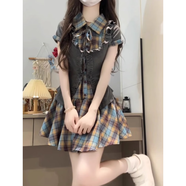 衣圖雅法式格紋襯衫polo領連衣裙子女夏季2025年新款甜美學院風學生短裙 格子裙+馬甲【套裝】 均碼