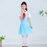 梓嘉福兒童大合唱演出服小學(xué)生詩歌朗誦表演服裝馮琳同款藍(lán)白制服主持 背帶短袖女款三件套 上衣+褲子+ 130 cm