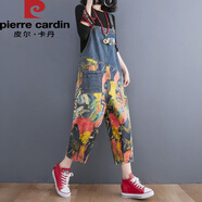 皮爾卡丹韓版夏季新款大碼女褲胖妹妹寬松顯瘦遮肉高腰七分印花牛仔背帶褲 圖片色 M 【建議90-110斤】